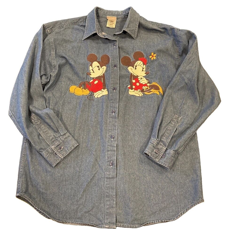Vtg 90's Mickey Mouse Minnie Sitting Flirty Large Womens Denim Blue Button Shirt